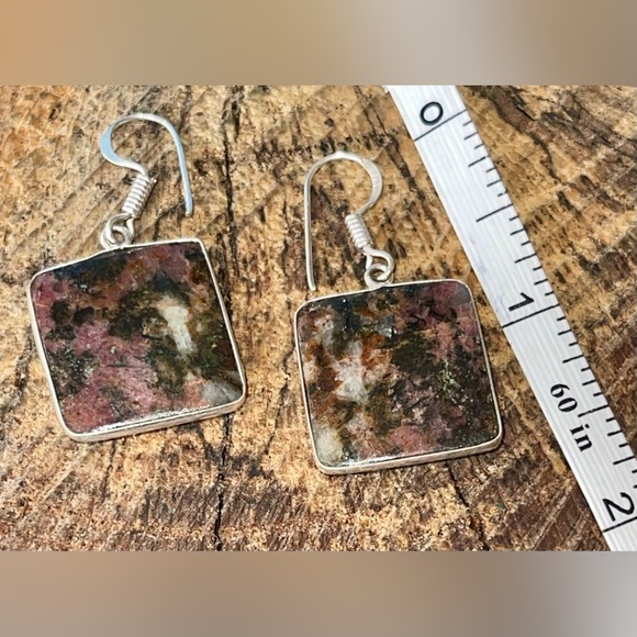 Dainty Square Rhodonite Earrings 1 1/2” - Picture 2 of 10